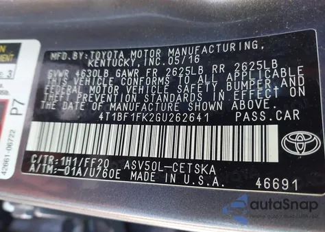 2016 Toyota Camry Se из США, поврежденный, VIN 4T1BF1FK2GU262641